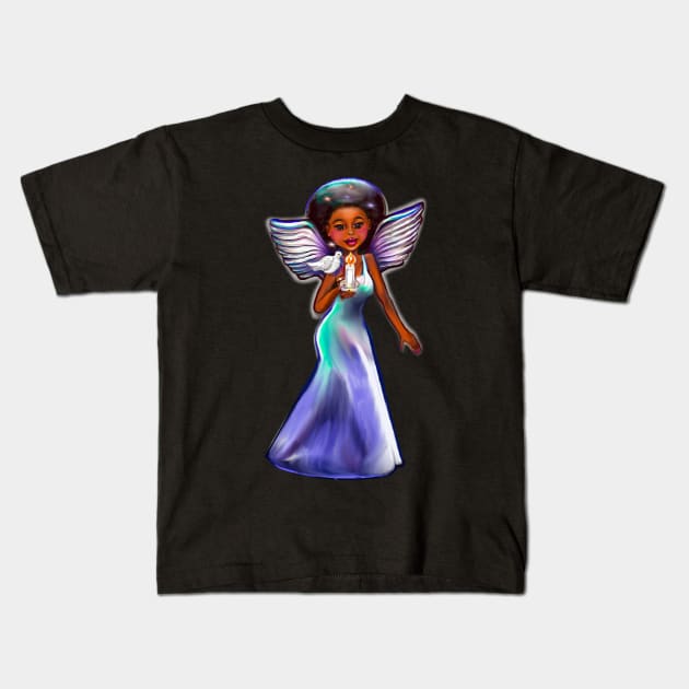 Angel with dove and candle. Black angel of peace ! With glow, Afro hair, brown eyes, Cherry pink lips and dark brown skin. Hair love ! Kids T-Shirt by Artonmytee